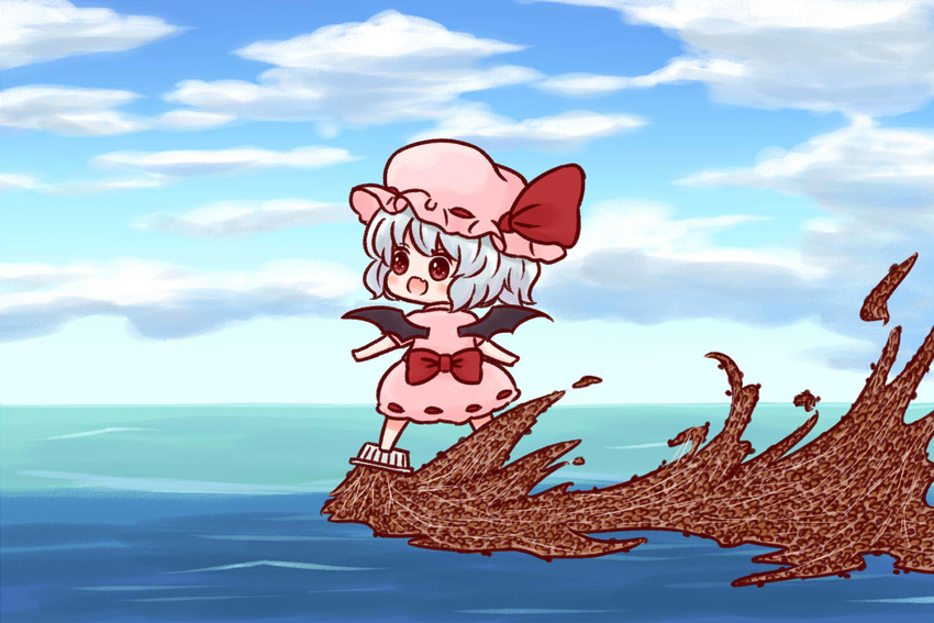 :d batta_(ijigen_debris) blue_hair blue_sky blush bow chibi cloud cloudy_sky commentary_request day dress female food hat meme mob_cap nattou ocean oerba_yun_fang open_mouth outdoors pink_dress pink_hat red_bow red_eyes remilia_scarlet short_hair sky smile solo surfing touhou waterskiing_(meme) wings