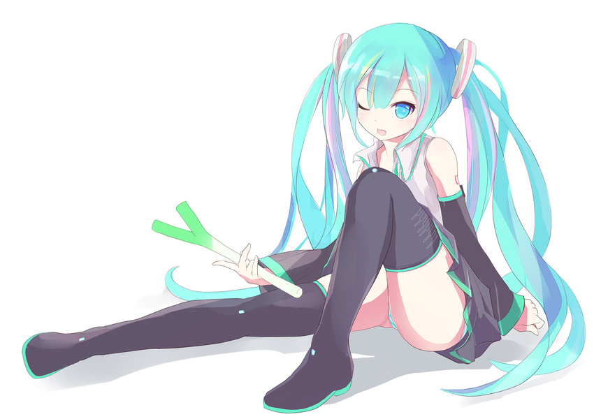 aqua_eyes aqua_hair aqua_panties bare_shoulders black_thighhighs commentary_request detached_sleeves female gumo hatsune_miku highres long_hair long_sleeves one_eye_closed open_mouth panties pantyshot photoshop_(medium) shirt sitting skirt smile solo spring_onion striped_clothes striped_panties thighhighs twintails underwear very_long_hair vocaloid wide_sleeves