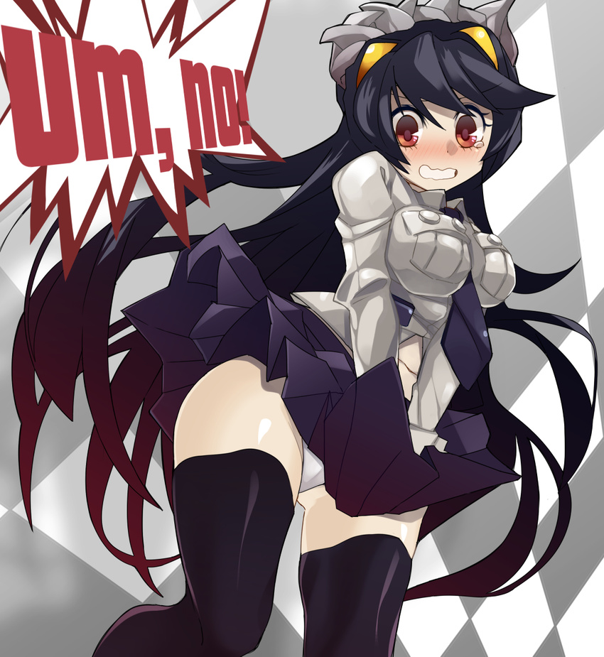 black_hair black_thighhighs blush breasts commentary_request extra_mouth female filia_(skullgirls) large_breasts long_hair necktie panties pantyshot prehensile_hair red_eyes samson_(skullgirls) school_uniform skirt skirt_tug skullgirls solo speech_bubble standing tears thighhighs total9 underwear