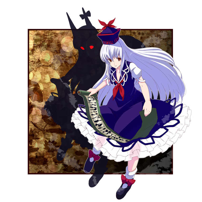 bad_id bad_pixiv_id blue_dress dress dual_persona female glowing glowing_eyes hat highres horns kamishirasawa_keine long_hair photoshop_(medium) red_eyes touhou tsuttsu white_hair