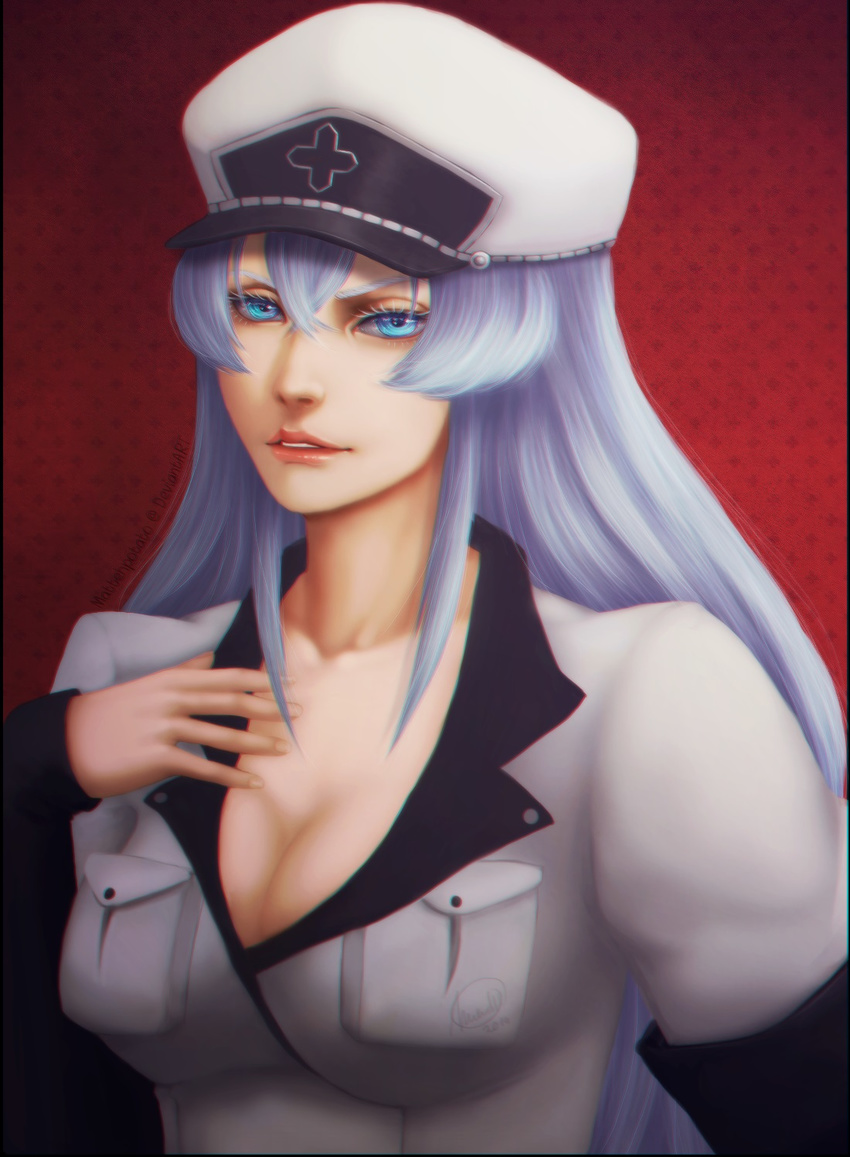 akame_ga_kill! blue_eyes blue_hair breasts cleavage esdeath esdese female hat large_breasts long_hair looking_at_viewer solo square_enix standing uniform