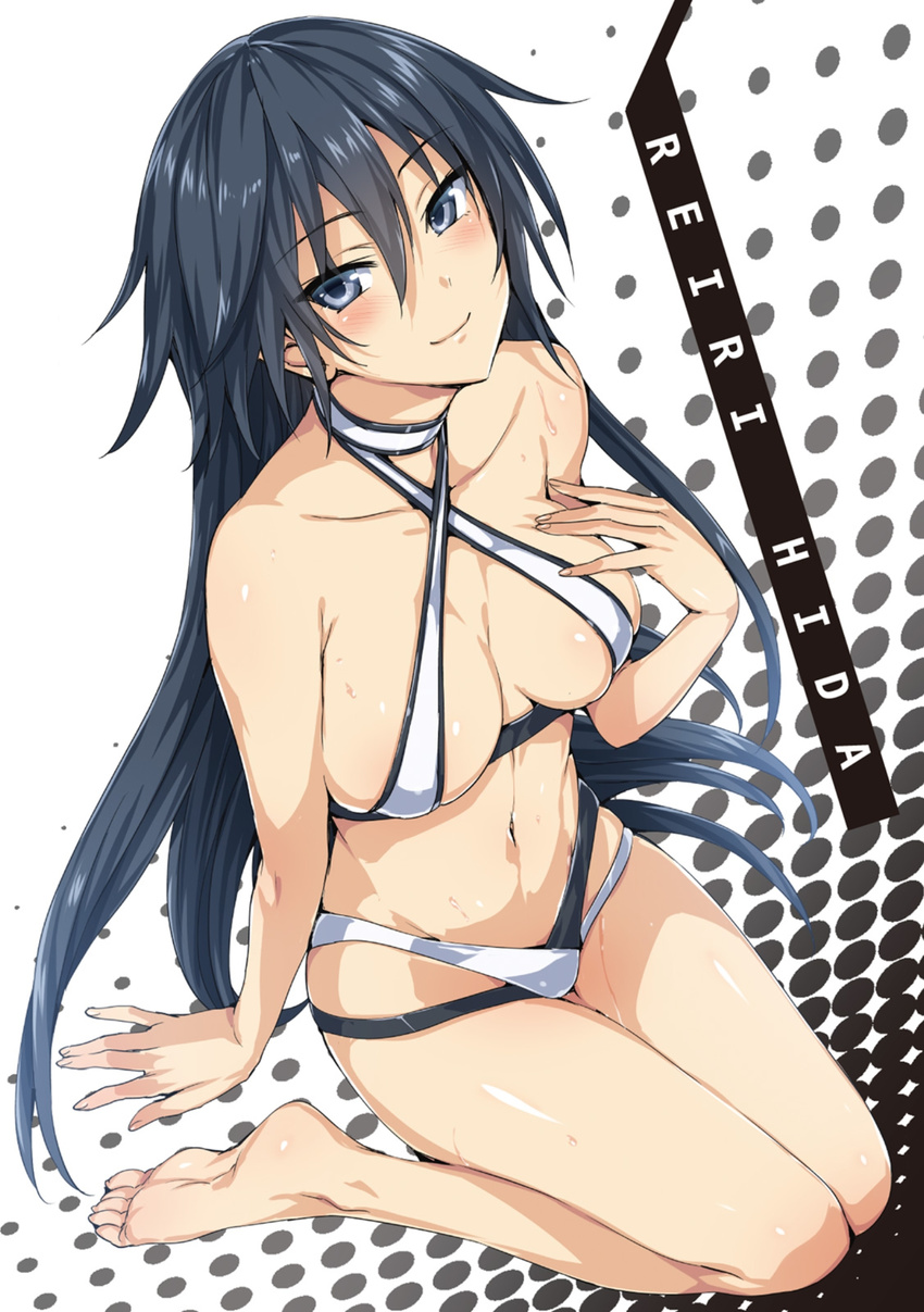 barefoot bikini black_hair blush breasts character_name criss-cross_halter feet female grey_eyes halterneck hida_reiri highres hisasi knees_together_feet_apart long_hair masou_gakuen_hxh novel_illustration official_art smile soles solo swimsuit toes tsurime very_long_hair white_bikini