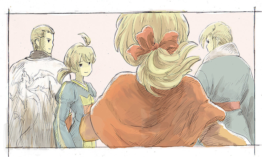 3boys ahoge alma_beoulve bad_id bad_pixiv_id beard black_border blonde_hair border bow brother_and_sister brothers cape close-up dycedarg_beoulve emblem facial_hair female final_fantasy final_fantasy_tactics hairbow long_hair looking_back multiple_boys pink_background ponytail ramza_beoulve red_bow sayonaraby short_hair siblings simple_background smile upper_body zalbaag_beoulve