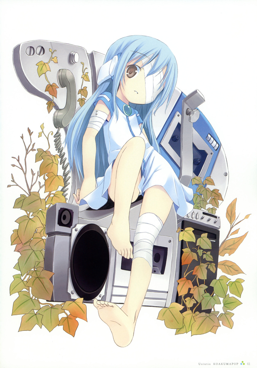 absurdres artbook bandage_over_one_eye bandages barefoot blue_hair boombox brown_eyes cassette_player corded_phone dress feet female flat_chest flower_(kowarekake) full_body headphones highres kowarekake_no_orgel leaf long_hair non-web_source phone pop_(electromagneticwave) short_dress short_sleeves simple_background sitting solo white_background