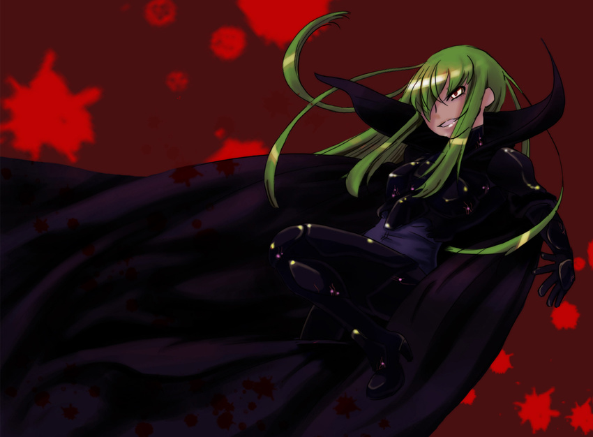 c.c. canaria_cage cc cloak code_geass female green_hair grin hair_over_one_eye long_hair smile solo yellow_eyes zero_(code_geass) zero_(code_geass)_(cosplay)