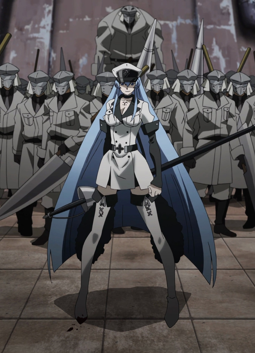 akame_ga_kill! blue_eyes blue_hair breasts esdeath esdese female hat highres large_breasts long_hair looking_at_viewer skirt smile square_enix standing stitched sword tattoo uniform very_long_hair weapon