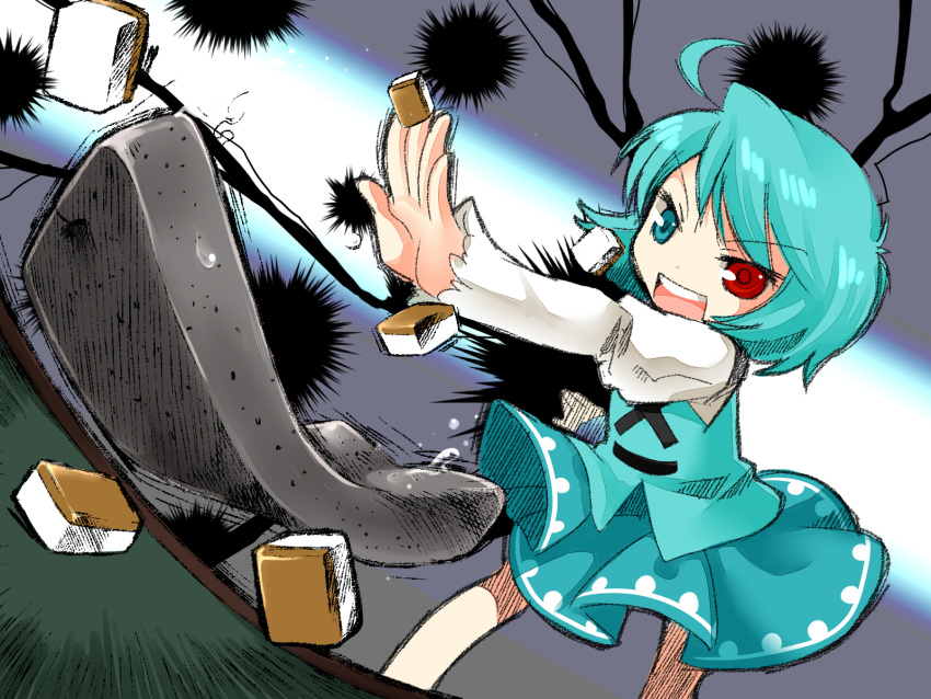 blue_eyes blue_hair commentary_request female heterochromia highres holding holding_mahjong_tile konnyaku_(food) mahjong mahjong_tile open_mouth red_eyes short_hair skirt socha solo tatara_kogasa touhou