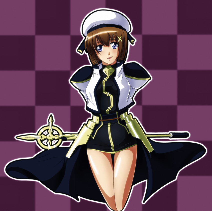 blue_eyes brown_hair checkered_background commentary_request cropped_jacket female hair_ornament hat highres jacket lyrical_nanoha magical_girl mahou_shoujo_lyrical_nanoha_strikers open_clothes open_jacket schwertkreuz short_hair solo tappa_(esperanza) waist_cape x_hair_ornament yagami_hayate