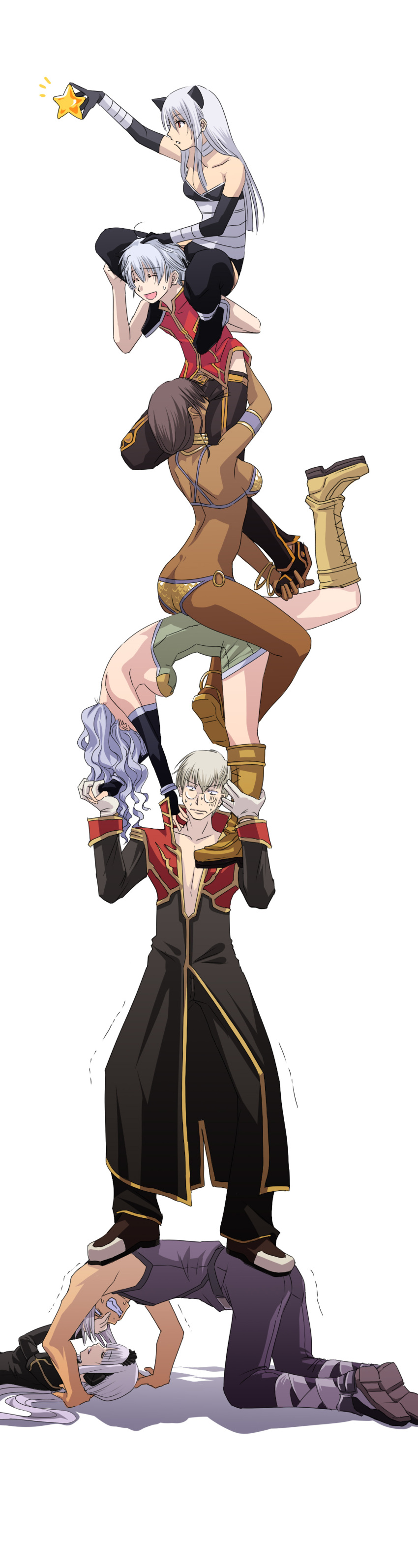 3boys 4girls absurdres albino alchemist_(ragnarok_online) animal_ears assassin_(ragnarok_online) axe_assa blonde_hair brown_hair cat_ears christmas commentary_request curly_hair dancer_(ragnarok_online) dark_skin dress everyone eyepatch face_in_crotch glasses gloves highres jewelry kataasa-ko laughing lipstick long_hair makeup mr.romance multiple_boys multiple_girls priest_(ragnarok_online) ragnarok_online red_eyes short_hair smile star_(symbol) straight sweat white_hair whitemaria wizard_(ragnarok_online)