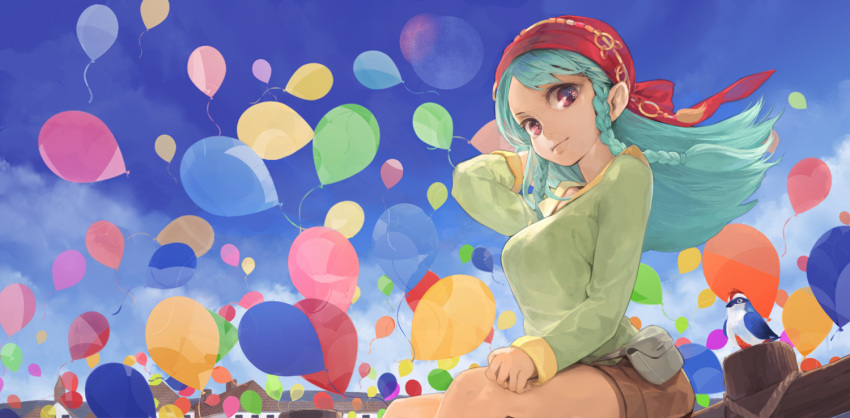 bag balloon bird blue_hair cloud commentary_request female mabinogi ponytail satchel solo toro_(konirio) vena