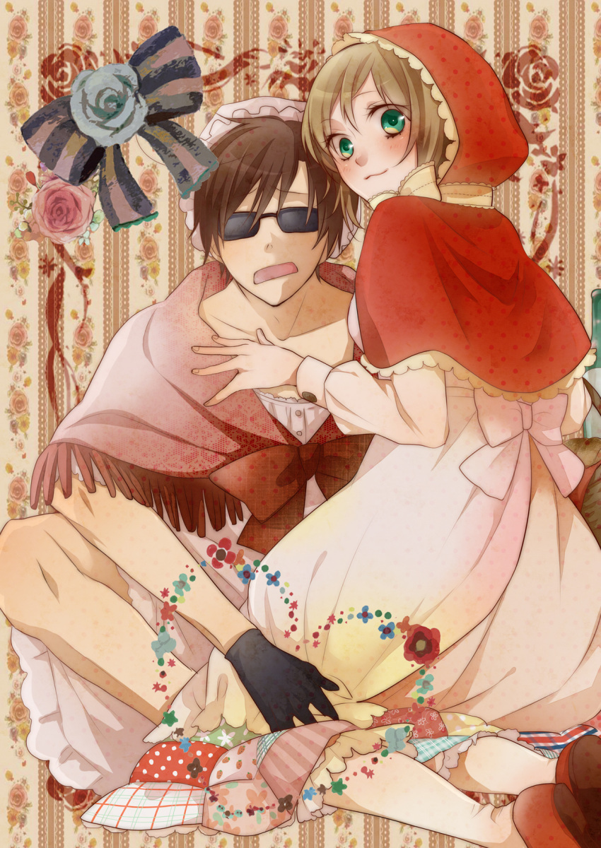 1boy :3 ahoge alternate_costume ami7 apron arms_up axis_powers_hetalia bad_id bad_pixiv_id basket belgium_(hetalia) black_gloves blue_flower blue_rose blush bonnet bottle bow bowtie brown_hair capelet cosplay couple crossdressing dress female fingernails floral_background floral_print flower frills fringe_trim gloves green_eyes hair_intakes halftone hand_on_another's_chest hand_on_leg heart highres hood indian_style kneeling little_red_riding_hood little_red_riding_hood_(grimm) little_red_riding_hood_(grimm)_(cosplay) long_sleeves looking_at_viewer looking_back open_mouth pantyhose patchworks photoshop_(medium) pink_flower pink_rose poncho red_capelet red_flower red_rose rose short_hair sitting skirt smile southern_italy_(hetalia) straight sunglasses swept_bangs white_legwear