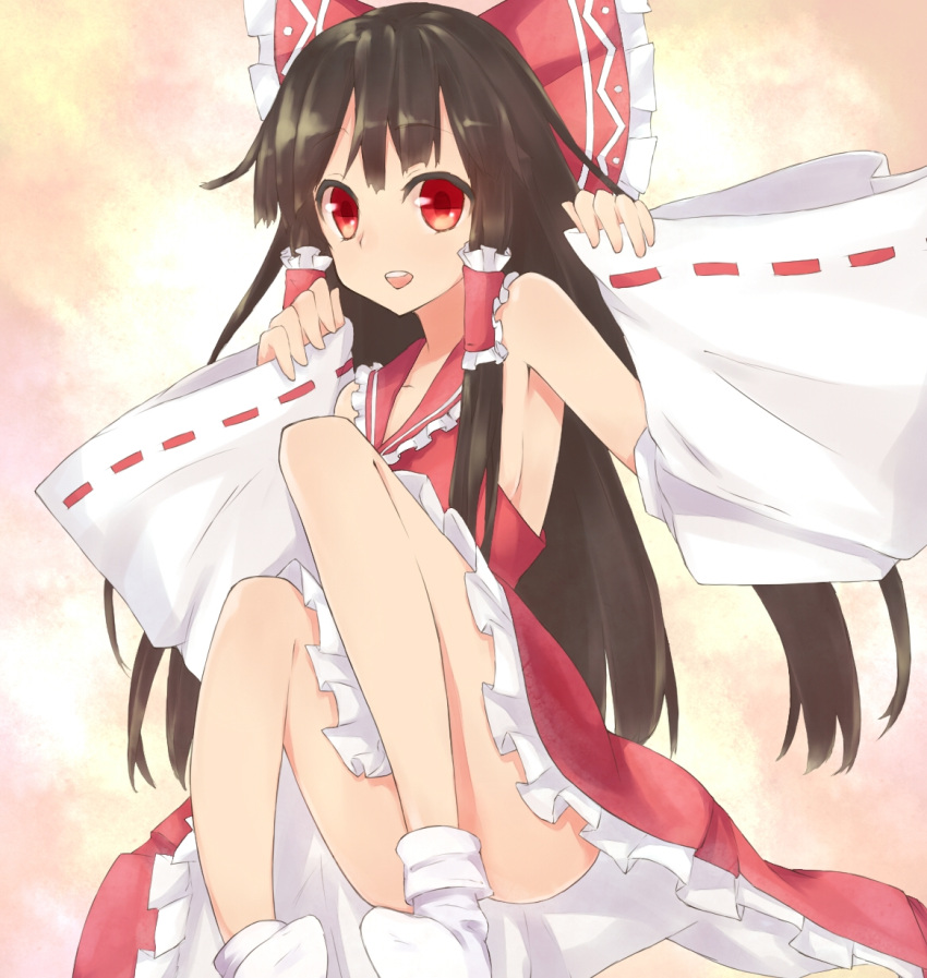 arms_up ass black_hair bow breasts collarbone commentary convenient_leg detached_sleeves female haguruma hairbow hakurei_reimu highres looking_at_viewer no_panties open_mouth red_eyes sideboob small_breasts smile socks solo teeth touhou wide_sleeves