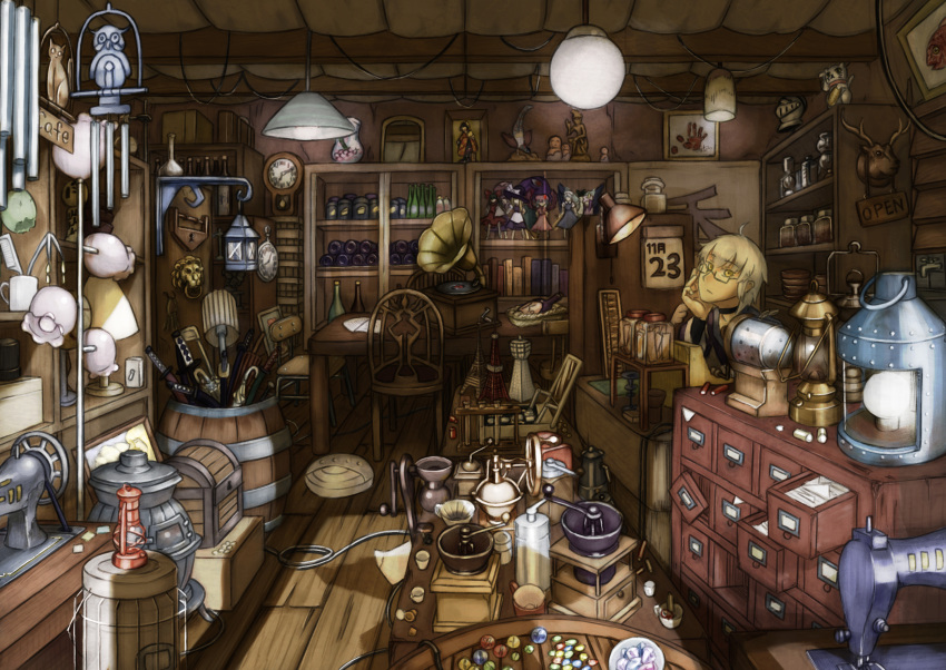 1boy ahoge book bottle calendar_(object) chair character_doll clock commentary_request cupboard door_knocker drawer figure glasses hakurei_reimu hand_on_own_cheek hand_on_own_face heater helmet highres indoors izayoi_sakuya jar kerosene_heater kerosene_lamp kirisame_marisa kourindou lamp lantern light loaded_interior lock male_focus maneki-neko marble_(toy) morichika_rinnosuke padlock patchouli_knowledge phonograph photoshop_(medium) reiuji_utsuho remilia_scarlet ringoanu room sewing_machine shelf shop solo stove stuffed_head sword tatara_kogasa touhou treasure_chest umbrella utensil weapon white_hair wind_chime yakumo_yukari yellow_eyes