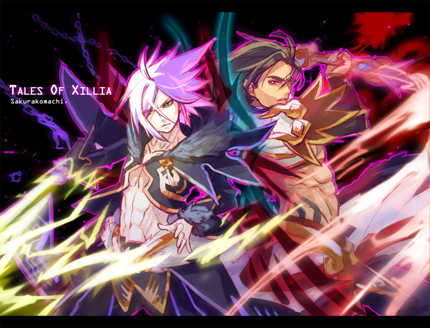 2boys abs black_hair commentary_request copyright_name gaius_(tales) male_focus manly midriff multiple_boys official_alternate_costume pants photoshop_(medium) red_eyes serious spoilers sword tales_of_(series) tales_of_xillia usagineko weapon white_hair wingul_(tales) yellow_eyes