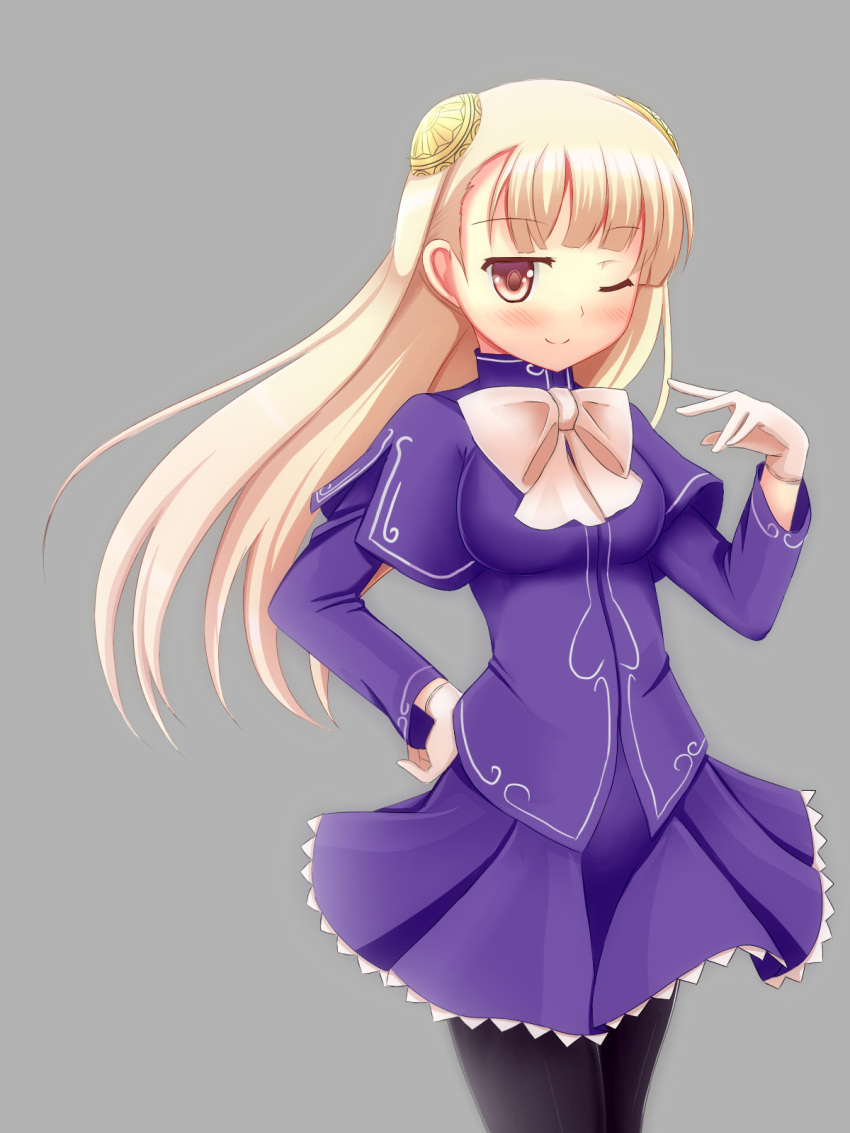 blonde_hair blush bow breasts capcom capcom_fighting_evolution capcom_fighting_jam dress female gloves godharo1 hairpods hand_on_hip highres hips ingrid long_hair pantyhose red_eyes solo wink