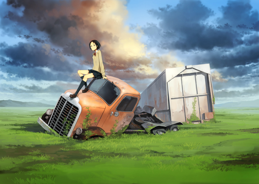 black_eyes black_hair black_socks blue_sky broken cloud cloudy_sky day female field grass highres kneehighs loafers motor_vehicle on_vehicle original outdoors parted_bangs plant pleated_skirt post-apocalypse ribbon school_uniform semi_truck shoes short_hair sitting skirt sky sleeves_past_wrists socks solo sweater trailer truck vines wreckage yoshida_seiji