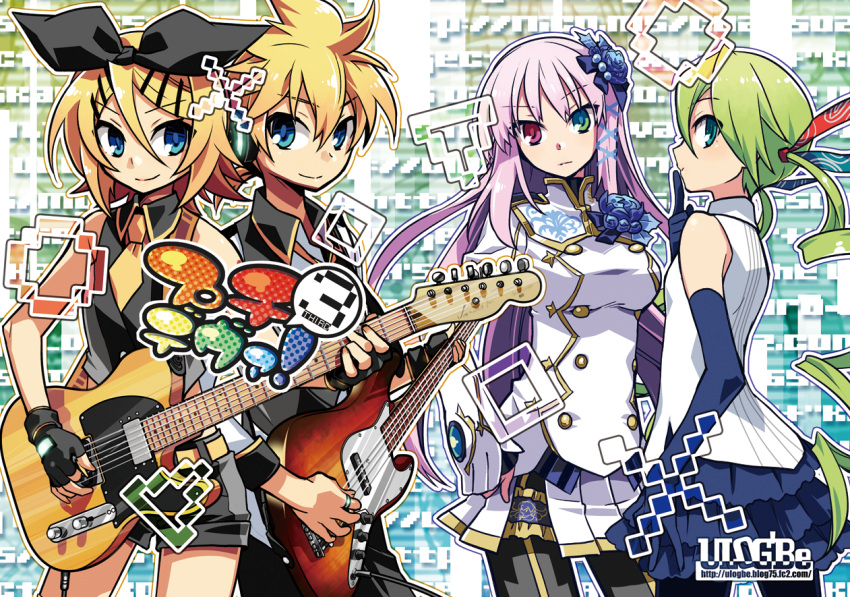 1boy 3girls bass_guitar blonde_hair blue_eyes commentary_request cosplay elbow_gloves fingerless_gloves flower gloves green_eyes green_hair guitar hair_flower hair_ornament hair_ribbon hairclip hatsune_miku heterochromia instrument kagamine_len kagamine_rin long_hair megurine_luka multiple_girls nagisa_(psp2i) nagisa_(psp2i)_(cosplay) negi_(ulog'be) pantyhose phantasy_star phantasy_star_portable_2 phantasy_star_portable_2_infinity pink_eyes pink_hair project_diva_(series) project_diva_extend puzzle_(vocaloid) ribbon short_hair skirt smile twintails vocaloid