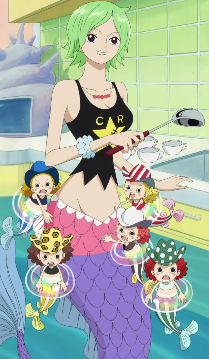 blonde_hair blue_shirt blush_stickers brown_hair cabinets camie coffee_cup cooking cup female fishman_island green_hair hat highres ichika ichika_(one_piece) jewelry kitchen mermaid minigirl monster_girl multiple_girls necklace nika nika_(one_piece) one_piece polka_dot red_hair red_shirt sanka sanka_(one_piece) scales screencap shirt siblings sink sisters spoon striped_tail swimming tank_top tile tiles water yonka yonka_two