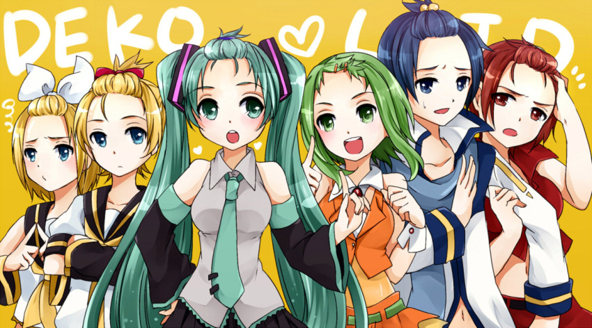 2boys 4girls aqua_eyes aqua_hair bad_id bad_pixiv_id blonde_hair blue_eyes blue_hair bow brown_eyes brown_hair detached_sleeves forehead green_eyes green_hair gumi hair_ornament hair_ribbon hair_up hairbow hairclip hatsune_miku hazuki_natsu kagamine_len kagamine_rin kaito_(vocaloid) long_hair meiko_(vocaloid) multiple_boys multiple_girls necktie open_mouth ribbon short_hair skirt smile topknot twintails very_long_hair vocaloid