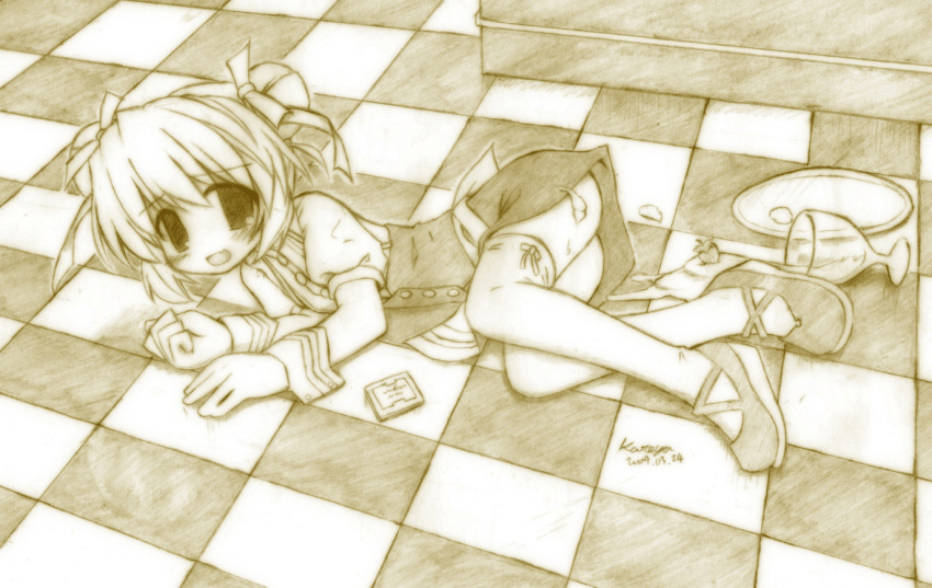 blush checkered_floor commentary_request cup drinking_glass fallen_down female kareya looking_at_viewer lying motokusa_yaeka on_floor on_side photoshop_(medium) plate short_hair signature solo spill thighhighs tile_floor tiles yaeka_no_karte