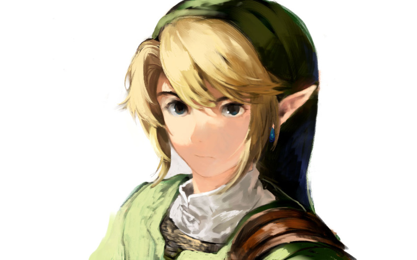 1boy bad_id bad_pixiv_id blonde_hair blue_eyes closed_mouth earrings expressionless green_hat hat jewelry link looking_at_viewer male_focus pointy_ears portrait simple_background solo the_legend_of_zelda the_legend_of_zelda:_twilight_princess uichi white_background