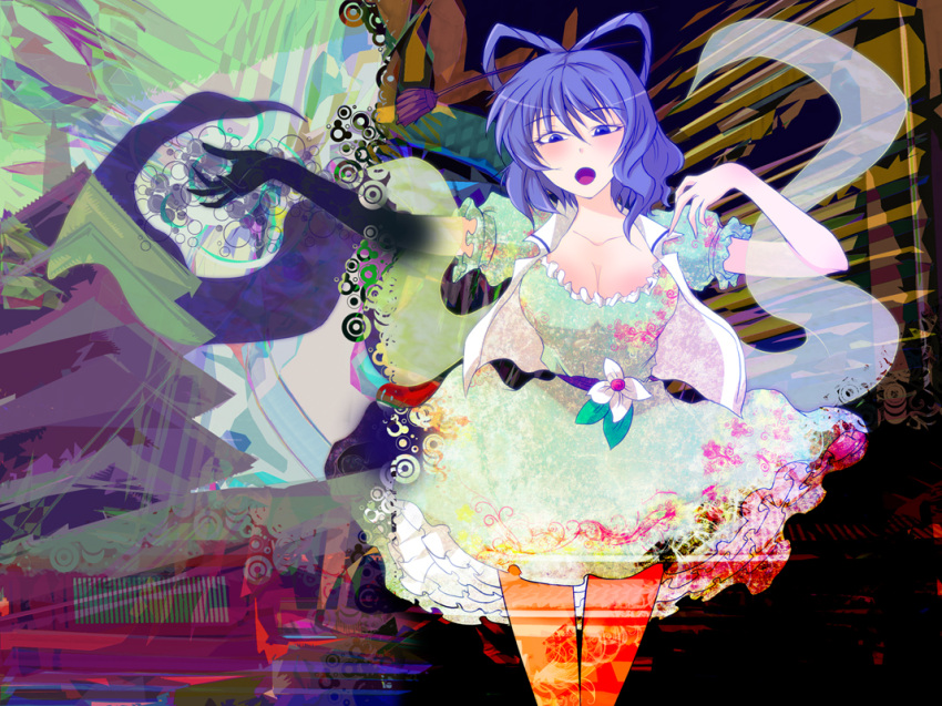 abstract akenoin_soumon aqua_dress blue_eyes blue_hair breasts cleavage collarbone commentary_request dress feet_out_of_frame female flower hagoromo hair_between_eyes hair_ornament hair_rings hair_stick kaku_seiga large_breasts looking_at_viewer open_mouth pagoda pantyhose petticoat photoshop_(medium) puffy_short_sleeves puffy_sleeves shawl short_sleeves solo standing touhou vest