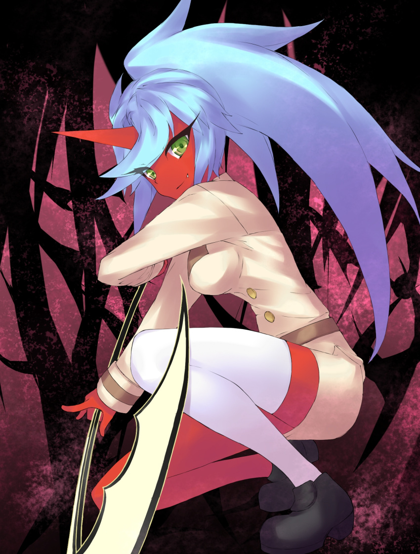 blue_hair breasts colored_skin commentary_request eyelashes female green_eyes haguruma highres horns kneesocks_(psg) legs long_hair looking_at_viewer medium_breasts miniskirt oerba_yun_fang panty_&_stocking_with_garterbelt ponytail red_skin shoes single_horn single_thighhigh skirt solo thighhighs thighs white_thighhighs