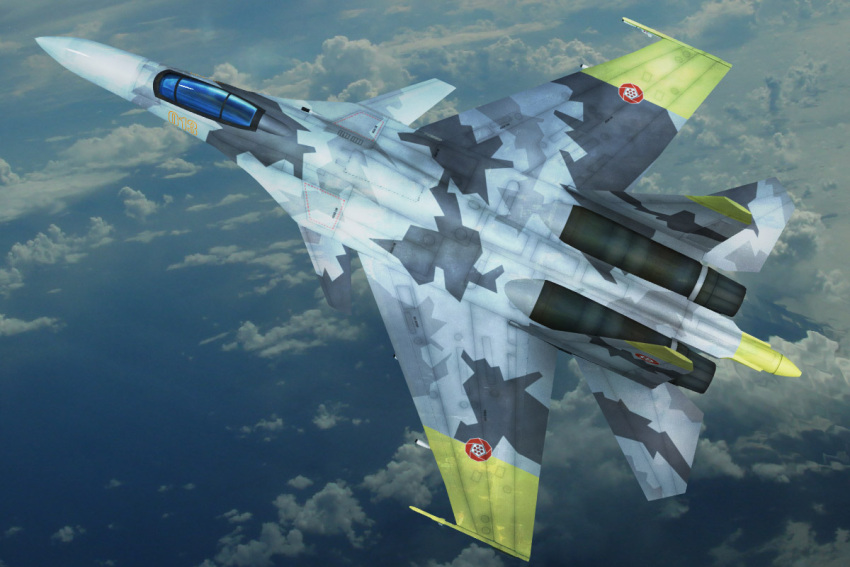 ace_combat ace_combat_04 aircraft airplane cloud commentary_request emblem fighter_jet flying jet military military_vehicle missile no_humans photoshop_(medium) sky su-37 vehicle_focus yellow_13 yellow_man