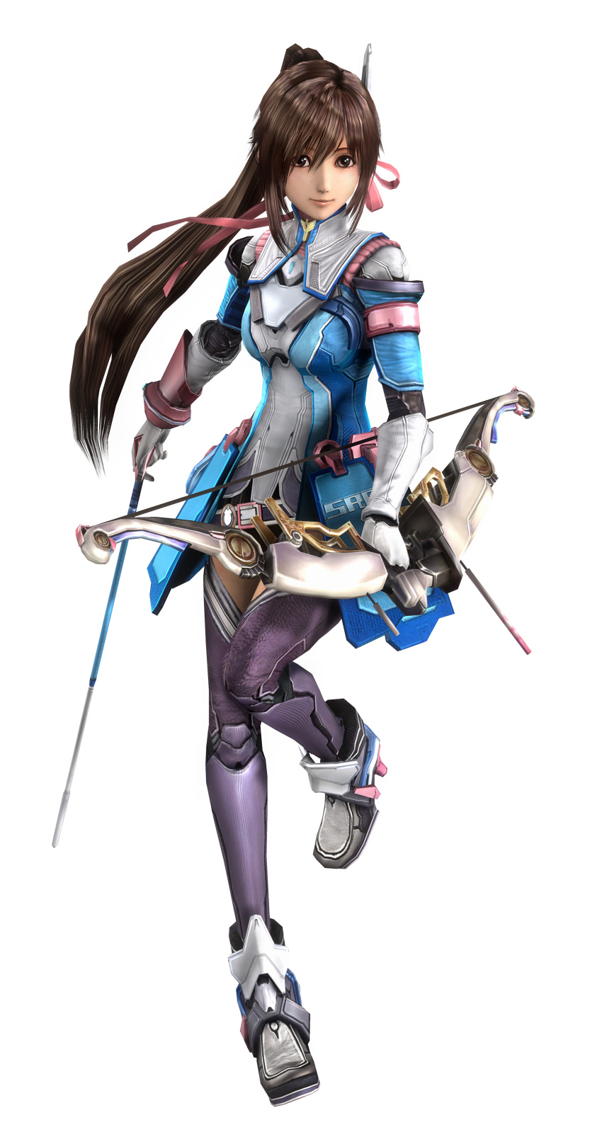 3d absurdres archery armor belt bow_(weapon) brown_eyes brown_hair enami_katsumi female full_body gloves high_heels highres long_hair official_art ponytail ribbon saionji_reimi shoes skirt solo standing star_ocean star_ocean_the_last_hope thighhighs transparent_background weapon