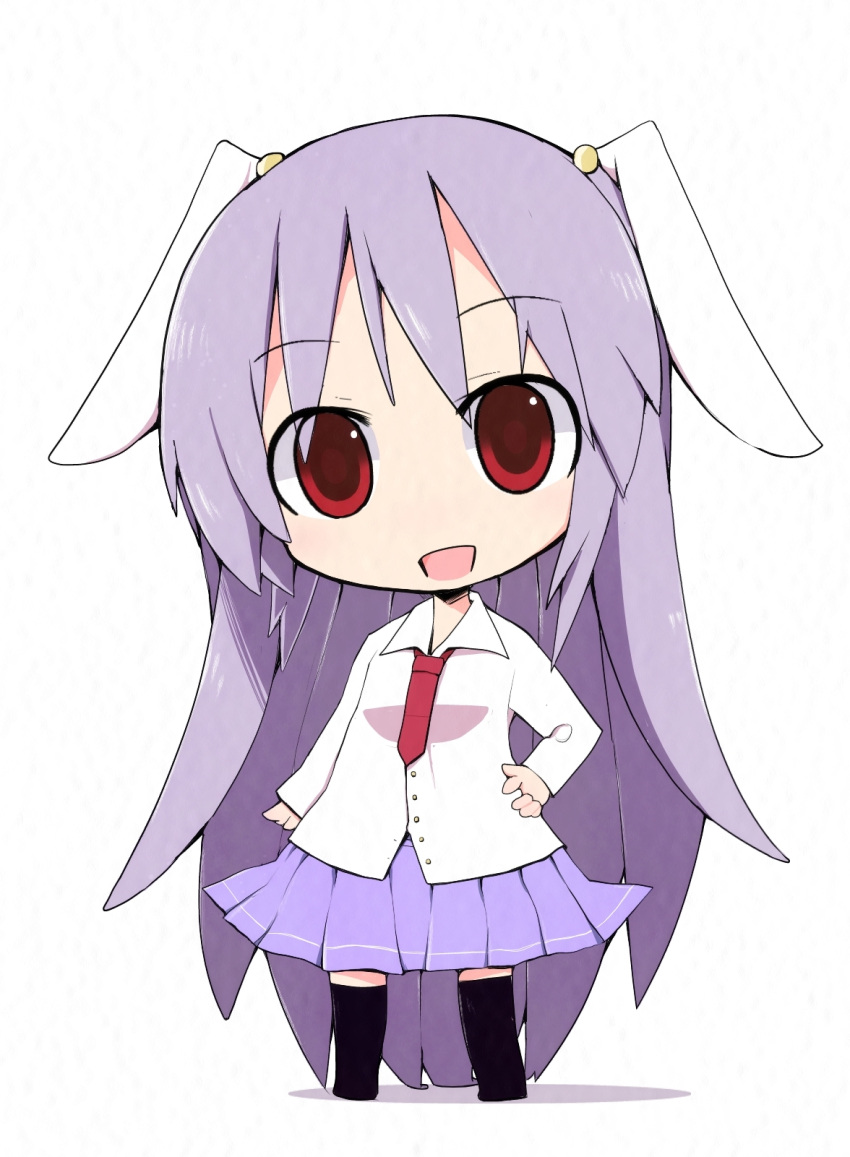 animal_ears chibi commentary_request female hand_on_own_hip highres ladfa long_hair necktie open_mouth purple_hair rabbit_ears red_eyes red_necktie reisen_udongein_inaba shirt skirt smile solo touhou very_long_hair