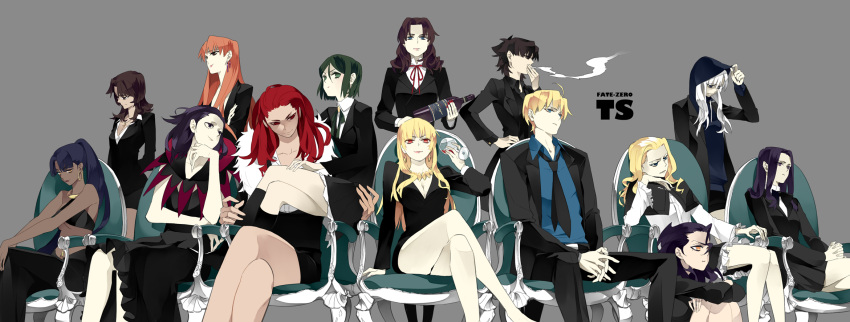 1boy 6+girls ahoge alcohol artoria_pendragon_(fate) assassin_(fate/zero) bad_id bad_pixiv_id bare_shoulders belt berserker_(fate/zero) black_hair black_suit blonde_hair blue_eyes blue_hair bob_cut bottle breasts brown_eyes brown_hair capelet chair cigarette cleavage coat commentary_request copyright_name cross crossed_legs cup dark-skinned_female dark_skin diarmuid_ua_duibhne_(lancer)_(fate) dress dress_suit drinking_glass earrings emiya_kiritsugu english_text everyone fate/zero fate_(series) female_assassin_(fate/zero) formal fur_trim genderswap_(ftm) genderswap_(mtf) gilgamesh_(fate) gilles_de_rais_(caster)_(fate) green_eyes green_hair grey_background grey_eyes hand_on_own_cheek hand_on_own_chin hand_on_own_face hand_on_own_hip hands_on_own_knees highres holding hood hoodie iskandar_(fate) jacket jewelry kayneth_el-melloi_archibald kotomine_kirei lace lace-trimmed_skirt lace_trim long_hair looking_at_another looking_at_viewer looking_away looking_down matou_kariya medium_breasts midriff mole multiple_girls necklace necktie no_mask odd_one_out open_clothes open_coat open_jacket orange_hair own_hands_clasped own_hands_together pants parted_bangs photoshop_(medium) ponytail pout purple_eyes purple_hair recursive_genderswap red_eyes red_hair rozer rule_63 saber_(fate) short_hair simple_background sitting skirt sleeveless sleeveless_dress smile smirk smoke smoking suit tight_clothes tight_pants tohsaka_tokiomi underboob uryuu_ryuunosuke waver_velvet white_hair wine wine_glass yellow_eyes