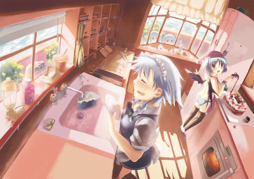 5girls apron bad_id bad_pixiv_id bat_wings black_thighhighs blender_(object) blood blue_eyes blue_hair blush bow braid bush cabinet cake camera cirno cup cupboard daiyousei dishwashing dishwashing_soap dutch_angle faucet floating floating_object floor food green_hair grey_hair hair_ribbon hairbow hands hat highres holding ice ice_wings indoors izayoi_sakuya kitchen ladle light_purple_hair looking_back maid maid_headdress mat multiple_girls nearly_naked_apron nosebleed oerba_yun_fang open_mouth oven panties paparazzi peeping perspective plate pouring red_eyes remilia_scarlet ribbon shadow shameimaru_aya shelf shinonome_ukyu short_hair side_ponytail sink skull_and_crossbones smile spatula standing striped_clothes striped_panties tears thighhighs tissue tissue_box touhou twin_braids underwear water_drop window window_shadow wings wrist_cuffs