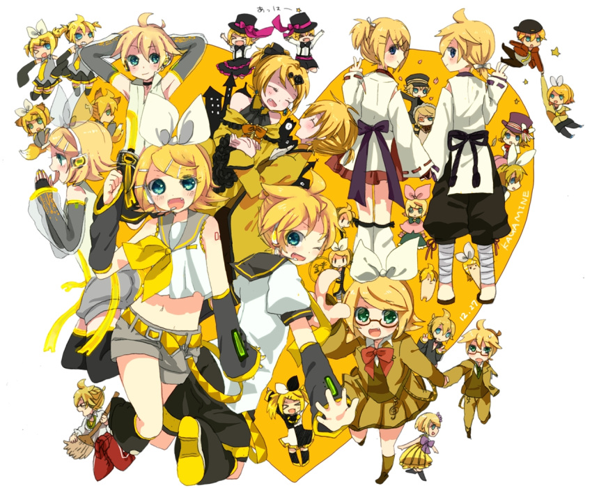 >_< 1boy aku_no_musume_(vocaloid) alice_in_musicland_(vocaloid) allen_avadonia bespectacled blonde_hair blue_eyes bonus_stage_(vocaloid) brother_and_sister cheerful_candy_(module) closed_eyes colorful_x_melody_(vocaloid) commentary_request cosplay eager_believer_(vocaloid) female gekokujou_(vocaloid) glasses hair_ornament hair_ribbon hairclip hatsune_miku hatsune_miku_(cosplay) headphones heart indigo_(module) juvenile_(vocaloid) kagamine_len kagamine_len_(append) kagamine_rin kagamine_rin_(append) kemonomimi_mode koume_keita ni_no_sakura_kouchou_(module) ni_no_sakura_senbu_(module) oerba_yun_fang one_eye_closed open_mouth project_diva_(series) project_diva_2nd punkish_(module) raspberry_(module) ribbon riliane_lucifen_d'autriche rin_no_youchuu school_jersey_(module) senbonzakura_(vocaloid) short_hair siblings sigre_(vocaloid) smile songover tail vocaloid vocaloid_append