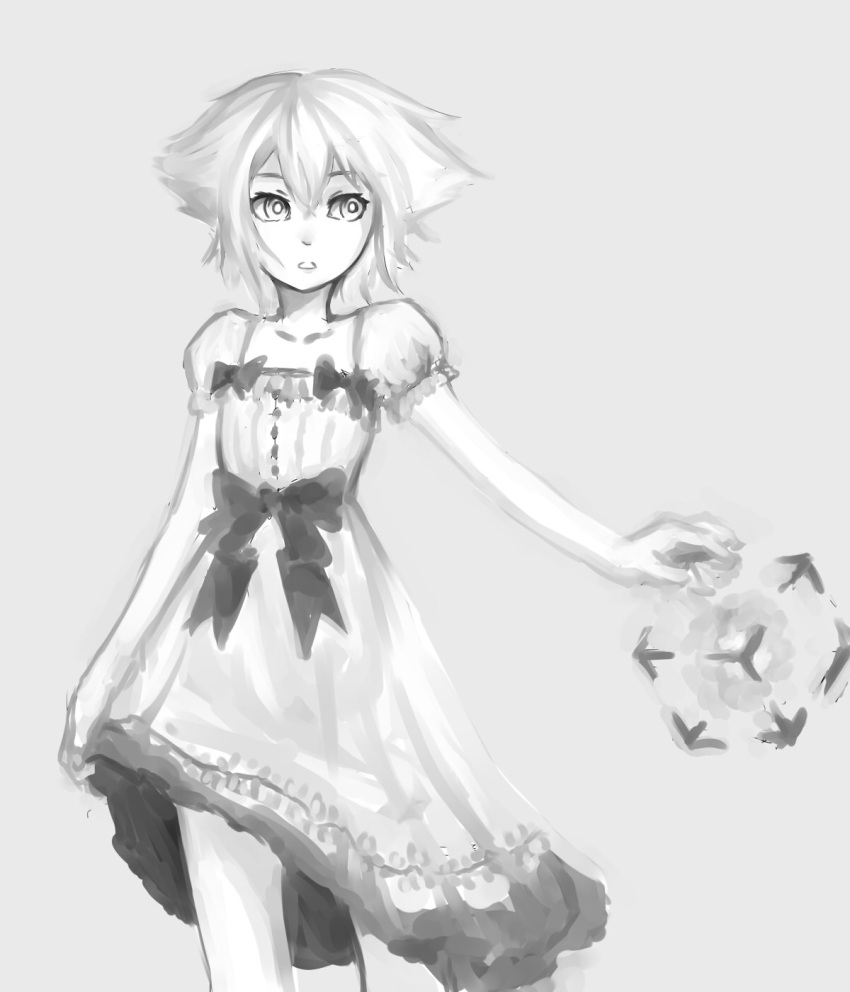 dress female greyscale highres monochrome original pas_(paxiti) pilo puffy_short_sleeves puffy_sleeves short_hair short_sleeves solo