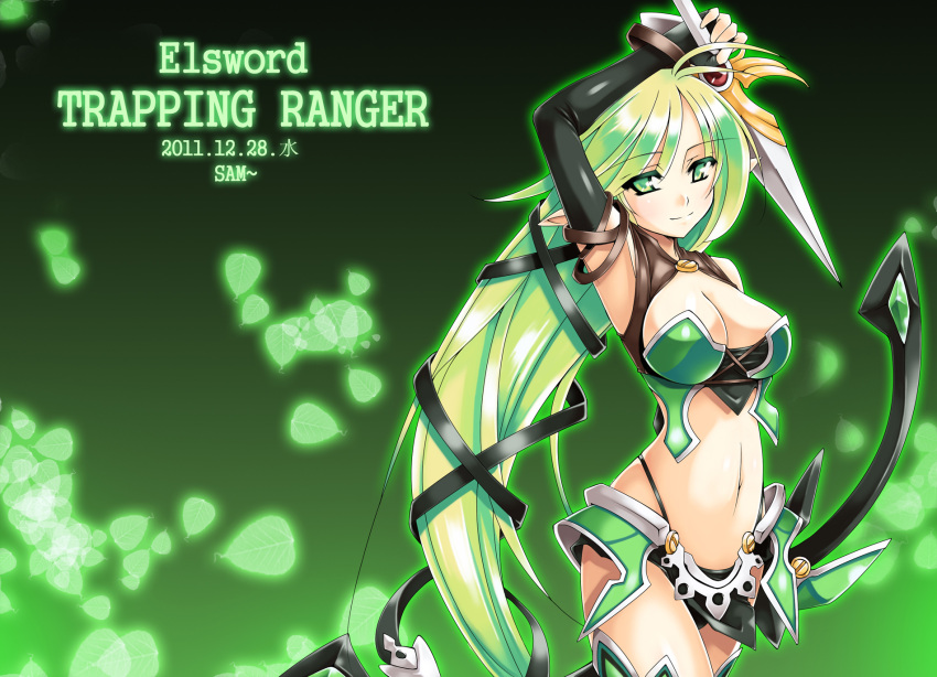 antenna_hair bow_(weapon) commentary_request copyright_name dagger dated ecell elf elsword female fingerless_gloves gloves green_background green_eyes green_hair green_theme highres knife leaf long_hair panties photoshop_(medium) pointy_ears rena_erindel ribbon smile solo trapping_ranger_(elsword) underwear weapon