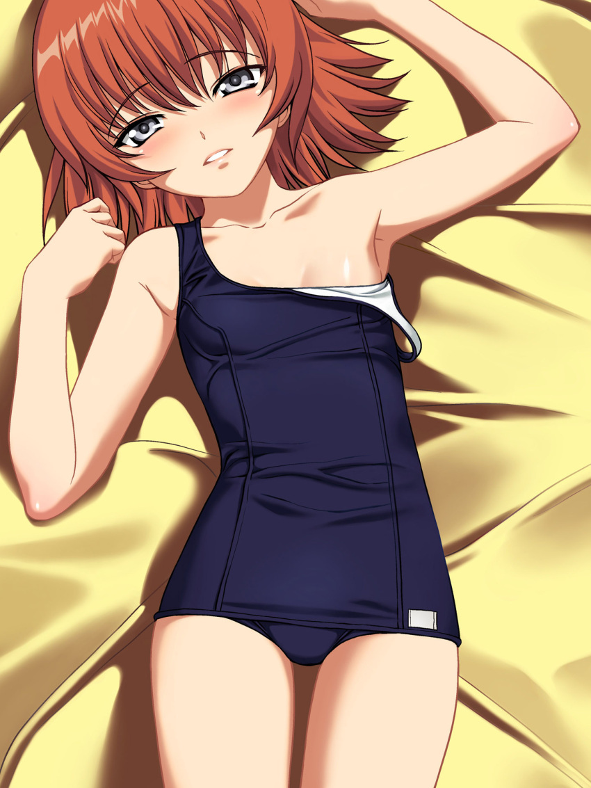 a1_(initial-g) armpits bed_sheet collarbone female grey_eyes highres kaleido_star lips looking_at_viewer lying off_shoulder on_back one-piece_swimsuit photoshop_(medium) red_hair rosetta_passel school_swimsuit short_hair solo swimsuit