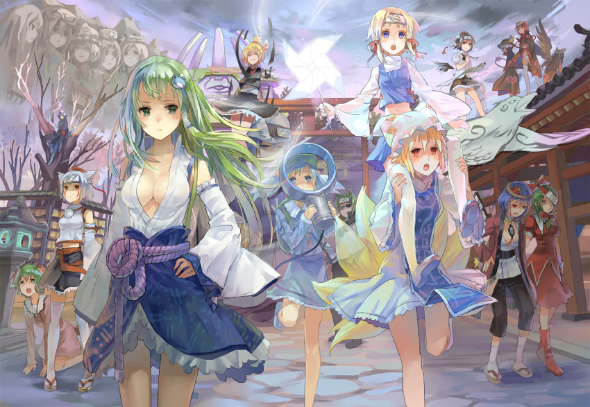 >_< 1boy 6+girls 77gl adapted_costume all_fours animal_ears antennae backpack bag bare_shoulders bird black_hair black_wings bladeless_fan blonde_hair blue_eyes blue_hair boots bow breasts brown_hair brush building calligraphy_brush cape carrying cleavage closed_eyes commentary_request cosplay detached_sleeves dress dyson_(company) eyeball facial_mark forehead_protector fox_ears fox_tail frilled_skirt frills frog front_ponytail green_eyes green_hair grey_hair hair_bobbles hair_ornament hair_ribbon hair_tie hair_tubes hairband hairbow hand_fan hand_on_own_hip hat hat_ribbon hatake_kakashi hatake_kakashi_(cosplay) hijiri_byakuren hill hood inubashiri_momiji inuzuka_kiba inuzuka_kiba_(cosplay) japanese_clothes kagiyama_hina kasodani_kyouko kawashiro_nitori key knee_boots kneehighs kochiya_sanae komeiji_koishi komeiji_satori lace lace-trimmed_skirt lace_trim leaf leg_up letty_whiterock light_purple_hair long_hair looking_up magnifying_glass medium_breasts midriff morichika_rinnosuke moriya_suwako mount_rushmore multiple_girls multiple_tails namikaze_minato naruto naruto_(series) navel necktie no_headwear nurse_cap oerba_yun_fang one_eye_covered open_mouth outstretched_arms paintbrush panties pants parody photoshop_(medium) pink_eyes pink_hair pocket pouch power_connection puffy_sleeves purple_eyes purple_hair red_dress red_eyes red_footwear reiuji_utsuho ribbon rope rumia sai_(naruto) saigyouji_yuyuko sandals sarutobi_hiruzen sash scarf scroll senju_hashirama senju_tobirama shaded_face shameimaru_aya shimenawa shirt short_hair shoulder_carry skirt skirt_set sky small_breasts smile snake socks spread_arms standing summoning sunglasses tabard tail thighhighs third_eye tied_hair tokin_hat torii touhou tree triangular_headpiece tsunade_(naruto) tsunade_(naruto)_(cosplay) two_side_up uchiha_sasuke uchiha_sasuke_(cosplay) underwear vest walking weapon white_dress white_hair white_panties white_shirt white_socks wide_sleeves wings wolf_ears wriggle_nightbug yagokoro_eirin yakumo_ran yakumo_yukari yakushi_kabuto yakushi_kabuto_(cosplay) yasaka_kanako yellow_eyes