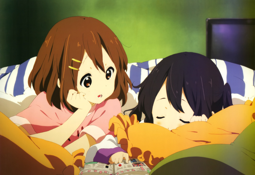 2girls absurdres black_hair brown_eyes brown_hair closed_eyes hair_ornament hairclip highres hirasawa_yui k-on! k-on!_movie multiple_girls nakano_azusa nyantype official_art scan short_hair sleeping union_jack yamada_naoko