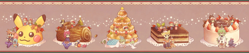 5girls 6+boys absurdres alternate_costume bad_id bad_pixiv_id bandana barry_(pokemon) baseball_cap beanie bell blue_oak boned_meat book brendan_(pokemon) cake cameo camera character-themed_food chimchar christmas cream_puff croquembouche cyndaquil dawn_(pokemon) ethan_(pokemon) food food_art fork fruit hat highres hilbert_(pokemon) hilda_(pokemon) holding holding_camera holding_food holding_fork holding_plate holding_spoon kabocha_torute leaf_(pokemon) lucas_(pokemon) lyra_(pokemon) may_(pokemon) meat merry_christmas mini_person miniboy minigirl multiple_boys multiple_girls mushroom n_(pokemon) pikachu plate poke_ball poke_ball_(basic) pokemon pokemon_(creature) pokemon_bw pokemon_dppt pokemon_frlg pokemon_hgss pokemon_platinum pokemon_rse ralts red_(pokemon) santa_hat silver_(pokemon) spoon squirtle strawberry tears tiramisu tree wally_(pokemon) wide_image winter_clothes yule_log_(cake) zorua