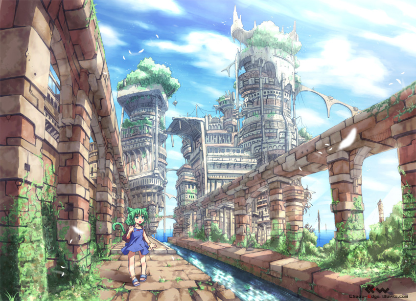 animal_ears aqueduct cat_ears cat_tail cloud etogami_kazuya female green_hair highres lolicon no_socks original outdoors ruins sandals scenery seaside sky solo tail water