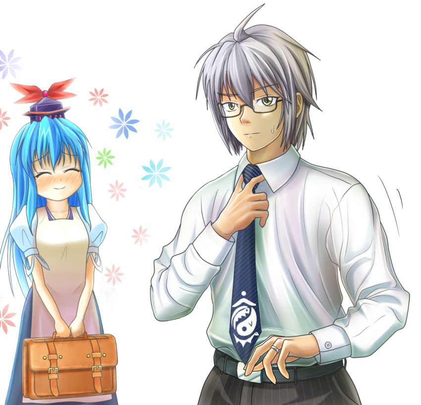 1boy ahoge apron bad_id bad_pixiv_id belt blush briefcase contemporary couple female glasses hat hinami_(hinatamizu) husband_and_wife jewelry kamishirasawa_keine long_hair morichika_rinnosuke necktie ring smile straight sweat touhou upper_body wedding_ring