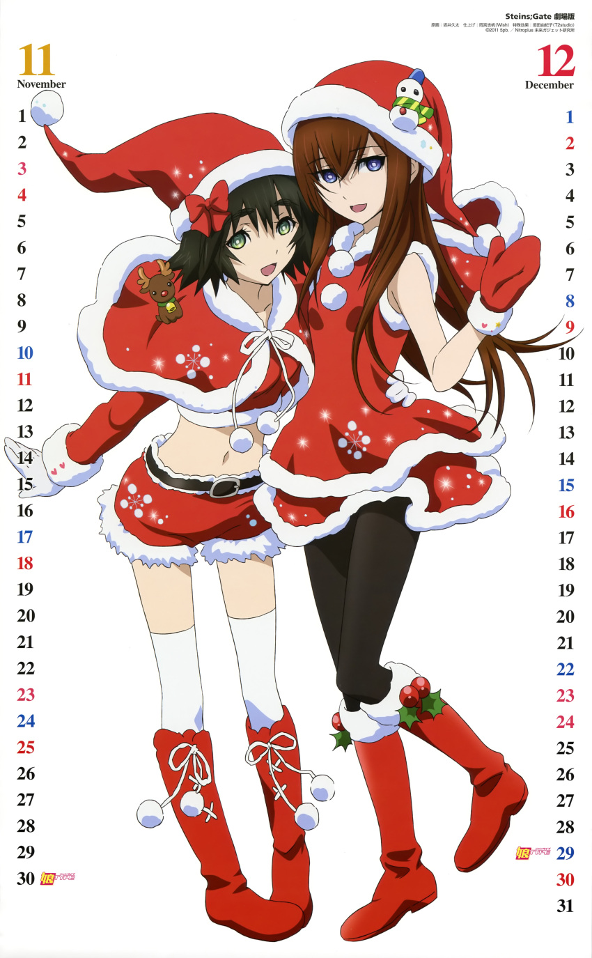 2girls absurdres belt black_hair black_pantyhose blue_eyes boots brown_hair calendar_(medium) capelet christmas crop_top december full_body gloves green_eyes hat highres knee_boots long_hair makise_kurisu midriff mittens multiple_girls navel november nyantype official_art pantyhose pigeon-toed red_footwear red_mittens reindeer sakai_kyuuta santa_boots santa_costume santa_hat shiina_mayuri shorts skirt sleeveless snowman steins;gate thighhighs white_gloves white_legwear