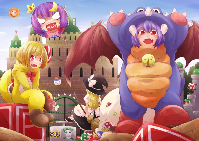 1up 6+girls :d :o blonde_hair coin commentary_request cosplay crescent crescent_hair_ornament detonator fire_flower hair_ornament hat heart hong_meiling ibuki_suika jagabutter kawashiro_nitori kedama_(touhou) kirisame_marisa koakuma koopa_clown_car long_hair mario_(series) multiple_girls mushroom open_mouth patchouli_knowledge purple_hair red_eyes remilia_scarlet rumia short_hair skull smile sun super_mario_bros._1 super_marisa_world super_mushroom super_star_(mario) text_in_mouth toad_(mario) touhou tyrannosaurus_rex v-shaped_eyebrows warp_pipe wings witch_hat