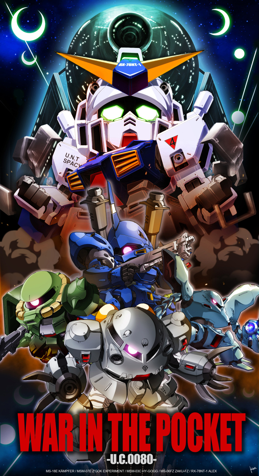 character_name chibi clenched_hands commentary_request dust embers english_text explosion gun gundam gundam_0080 gundam_alex highres hygogg kampfer_(mobile_suit) kaz_(kaz323) machine_gun mecha no_humans o'neill_cylinder photoshop_(medium) robot shotgun signature space space_habitat weapon z'gok-e zaku zaku_ii zaku_ii_fz_kai