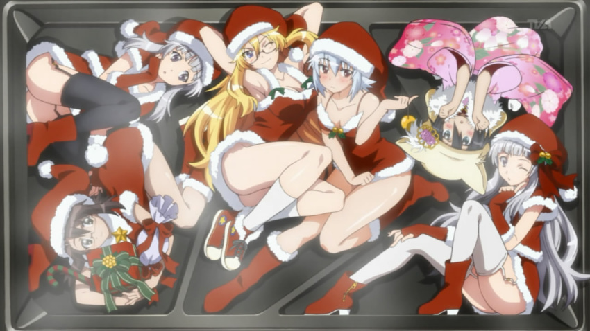 6+girls anime_screenshot artist_request ben-tou bento blonde_hair christmas eyecatch furisode glasses grey_hair hat inoue_asebi japanese_clothes kimono long_hair multiple_girls new_year non-web_source oshiroi_hana santa_costume santa_hat sawagi_kyou_(elder) sawagi_kyou_(younger) shaga_ayame skirt thighhighs yarizui_sen