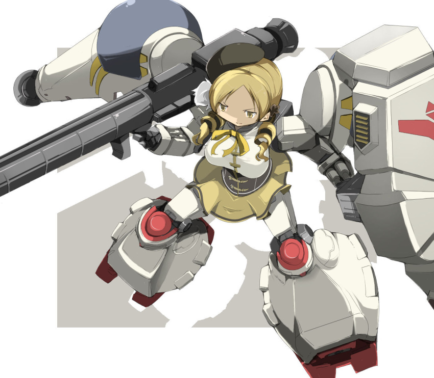 bazooka_(gundam) blonde_hair commentary_request drill_hair female gun gundam gundam_0083 gundam_gp-02_physalis highres mahou_shoujo_madoka_magica mahou_shoujo_madoka_magica_(anime) md5_mismatch mecha_musume name_john parody ribbon shield simple_background solo standing tomoe_mami tomoe_mami_(magical_girl) twin_drills twintails weapon yellow_eyes