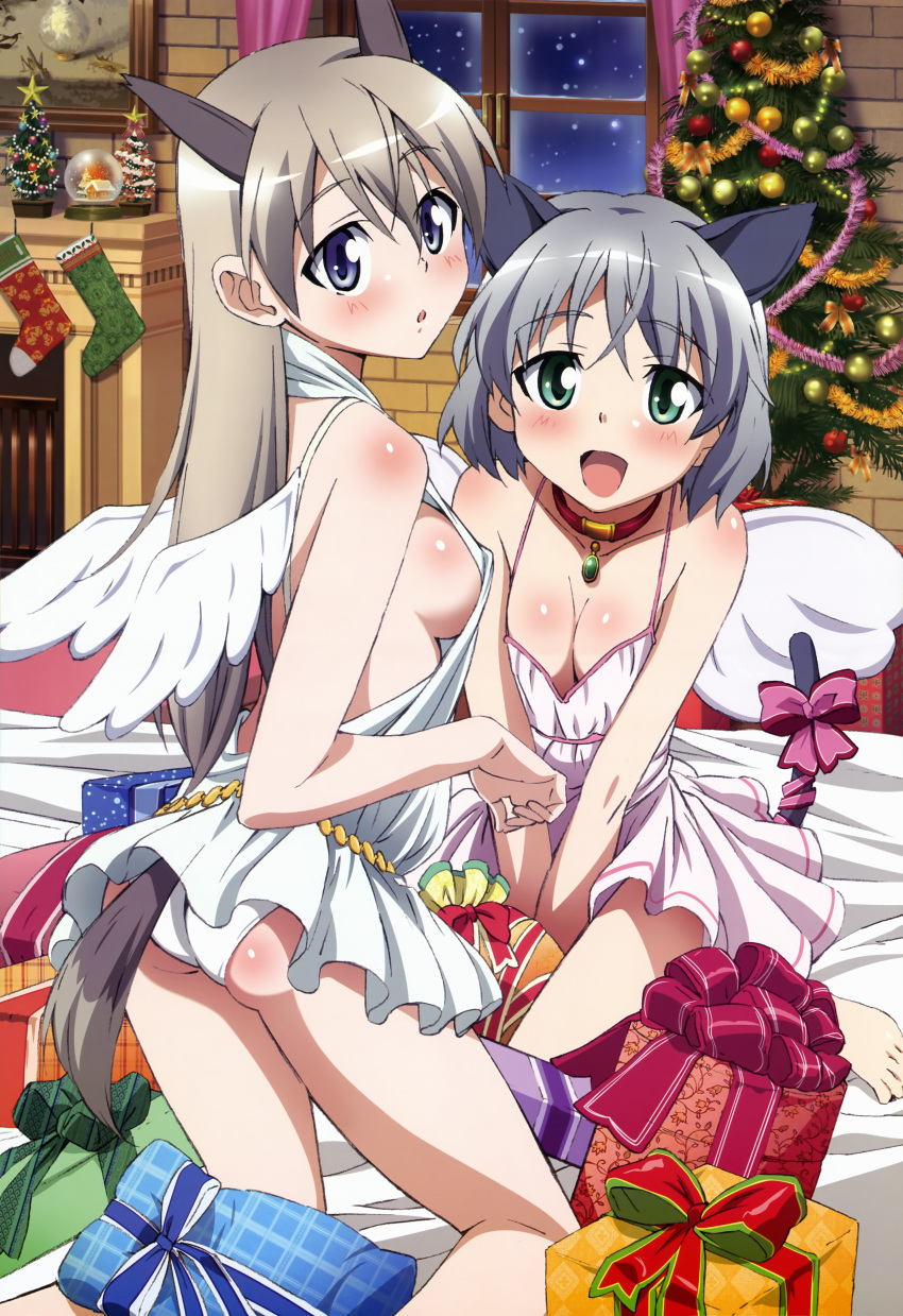 2girls :o absurdres ancient_greek_clothes angel angel_wings animal_ears ass barefoot bed bed_sheet belt blue_eyes blush bow breasts breasts_squeezed_together brick brown_hair bug cat_ears cat_girl cat_tail chiton choker christmas christmas_ornaments christmas_stocking christmas_tree cleavage collar dress eila_ilmatar_juutilainen feet fireplace fox_ears fox_girl fox_tail garland_(decoration) gift grasshopper greco-roman_clothes green_eyes grey_hair highres imageboard_desourced jewelry kneeling long_hair looking_at_viewer looking_back miniskirt multiple_girls no_bra non-web_source nyantype official_art open_mouth painting_(object) panties pantyshot pendant pink_dress plaid polka_dot ribbon sanya_v._litvyak scan shimizu_yuusuke short_hair sideboob skirt small_breasts smile snow snow_globe star_(symbol) strike_witches tail tail_ornament tail_ribbon tinsel underwear upskirt very_long_hair white_dress white_panties window wings world_witches_series