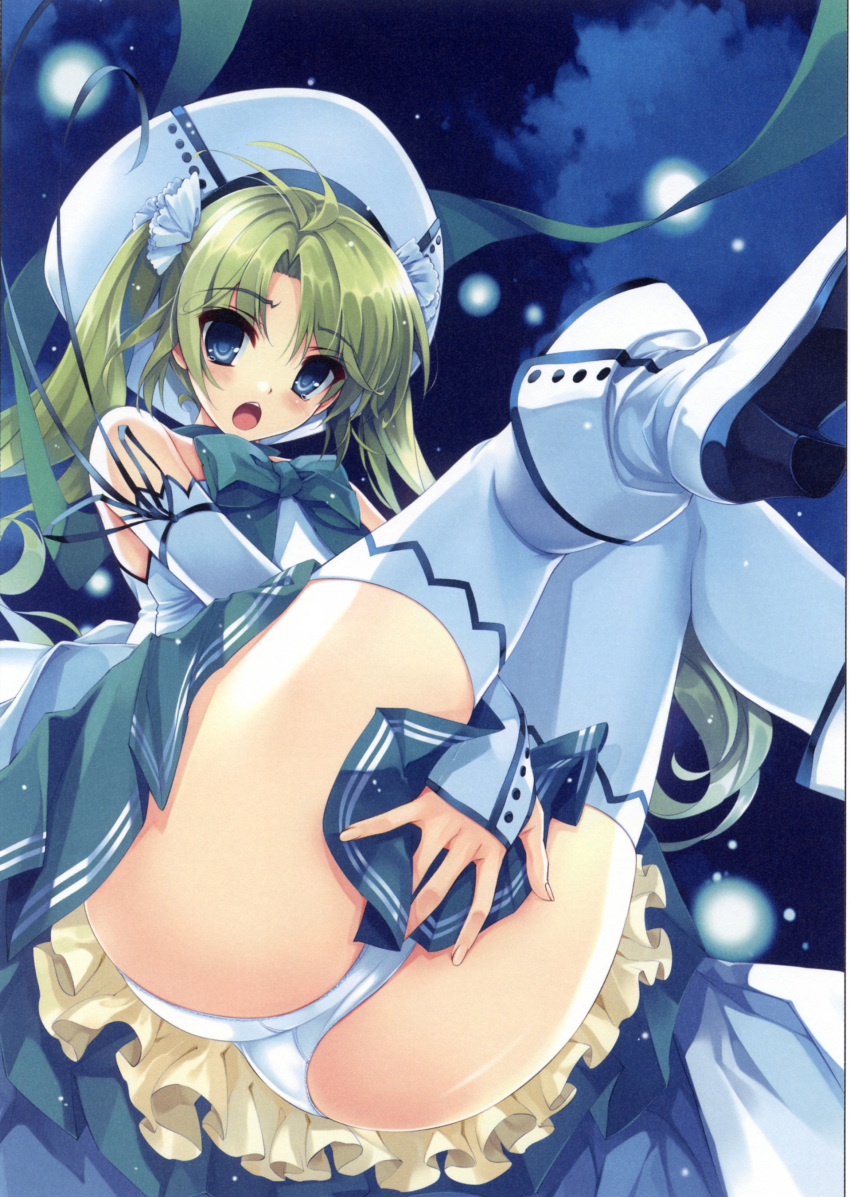 :o absurdres ass bare_shoulders blue_eyes blush boots bow cloud comic_aun covering_crotch covering_privates detached_sleeves female from_below green_hair hat high_heels highres misaki_kurehito night night_sky open_mouth original panties pleated_skirt shoes skirt sky solo tears thighhighs twintails underwear white_panties white_thighhighs