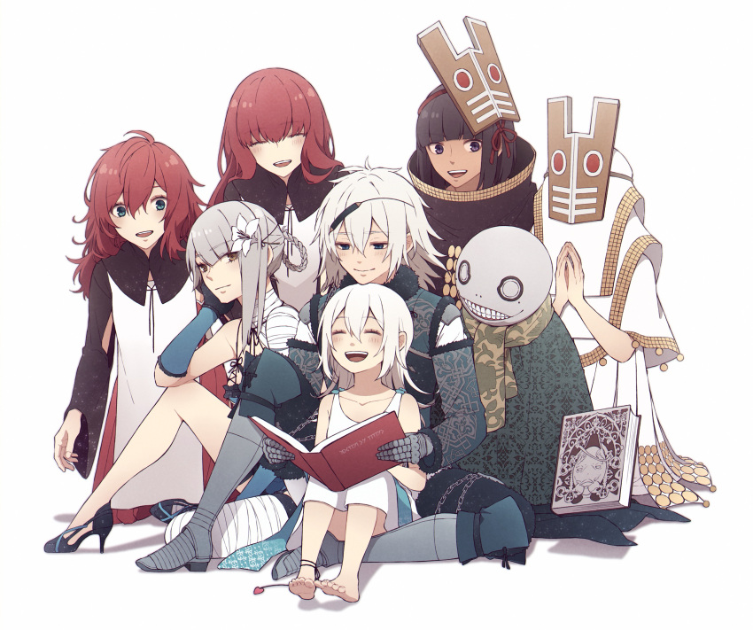 3boys 5girls :d ^_^ bandages barefoot black_hair blue_eyes blush book brown_eyes closed_eyes closed_mouth dark_skin devola dress emil_(nier) everyone full_body fyra grey_hair grimoire_weiss high_heels highres kaine_(nier) kneeling lunar_tear mask masked_king multiple_boys multiple_girls nier nier_(brother) nier_(series) open_book open_mouth own_hands_together pale_skin popola purple_eyes reading red_hair simple_background sitting smile soles tamakingx422x toes white_background white_hair yonah