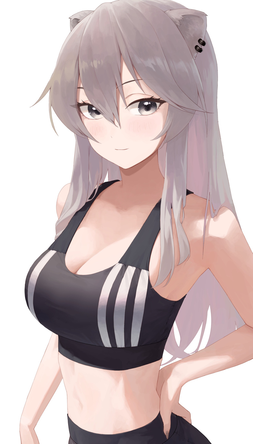 absurdres animal_ears bare_arms black_sports_bra blush breasts cleavage closed_mouth commentary ear_piercing female grey_eyes grey_hair hair_between_eyes hand_on_own_hip highres hololive large_breasts lion_ears long_hair looking_at_viewer makimaki_makky7 official_alternate_costume official_alternate_hairstyle piercing shishiro_botan shishiro_botan_(button-down) simple_background solo sports_bra striped striped_sports_bra upper_body vertical-striped_sports_bra virtual_youtuber white_background